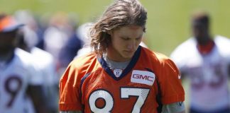 The Latest: With replay help, Denver’s Taylor has TD catch