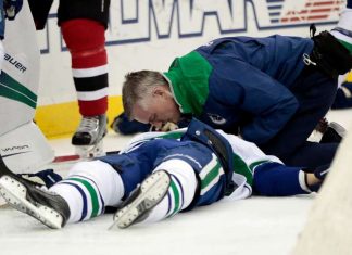 Canucks defenseman Larsen taken off ice on stretcher